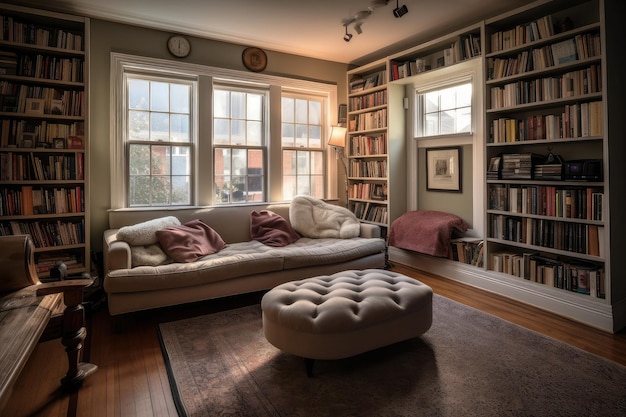 Cozy living room with plush sofa and reading nook surrounded by bookshelves