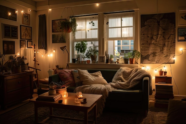 Cozy living room with plush sofa warm lighting and cozy blankets