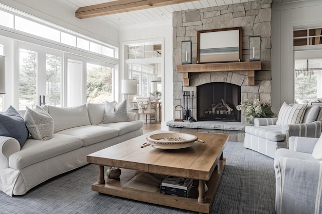 Cozy living room with stone fireplace and rustic coastal decor