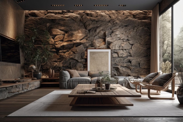 石造りの壁とスタイリッシュな家具を備えた居心地の良いリビング ルーム ジェネレーティブ AI