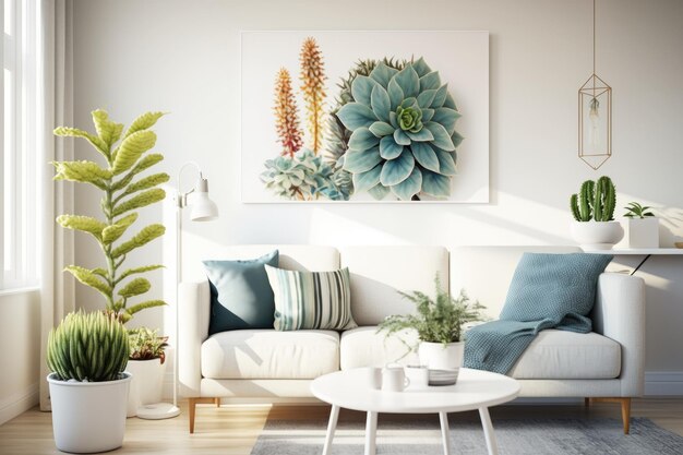 スタイリッシュな家具と壁にカラフルな絵が飾られた居心地の良いリビングルーム ジェネレーティブ AI