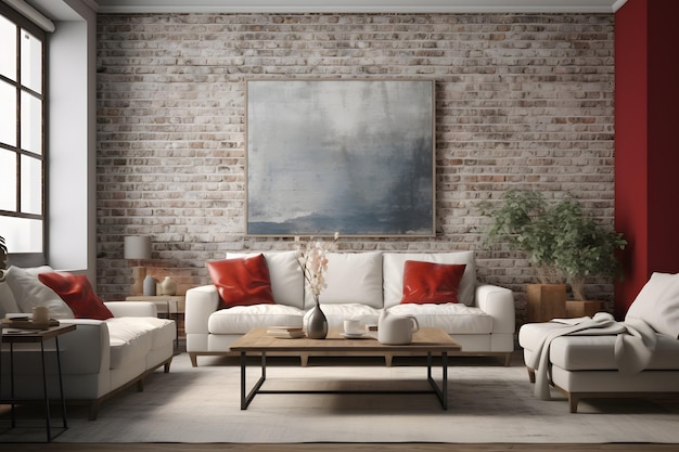 Foto un soggiorno accogliente con mobili eleganti e un dipinto accattivante sulla parete