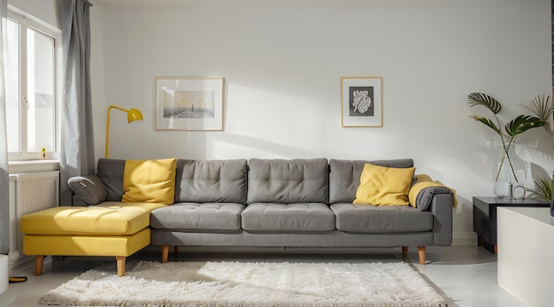 A cozy living room with a stylish yellow couch and throw pillows surrounded by modern interior design elements such as a club chair coffee table and houseplants all set against a sleek indoor wal