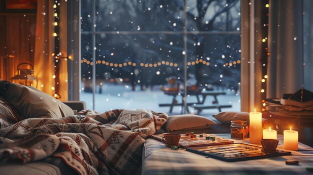 A cozy living room with a view of the snowy forest outside