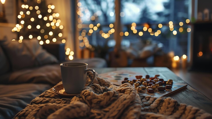 Photo a cozy living room with a warm fire and a cup of hot tea on the table the perfect place to relax and unwind after a long day