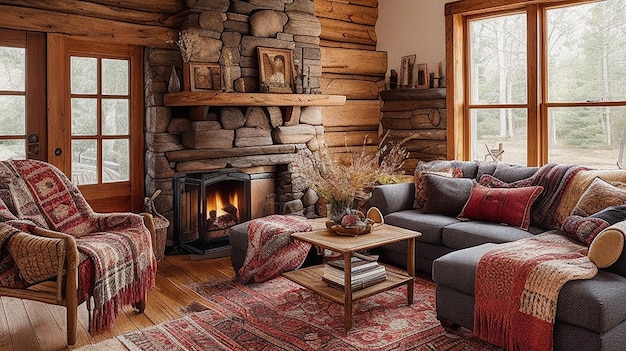 A cozy living room with a warm fireplace rustic furniture and a vibrant tapestry hanging on the wall