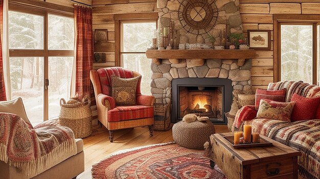 A cozy living room with a warm fireplace rustic furniture and a vibrant tapestry hanging on the wall