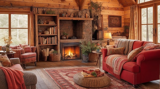 A cozy living room with a warm fireplace rustic furniture and a vibrant tapestry hanging on the wall