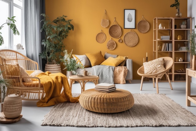 Cozy living room with warm yellow walls and comfortable wicker furniture Generative AI