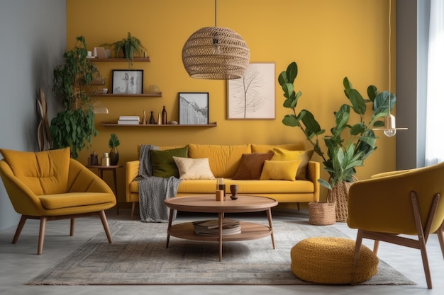 Cozy living room with warm yellow walls and matching furniture Generative AI