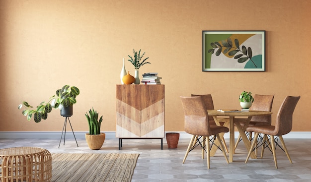 Cozy living room with wood furniture and clay colored walls