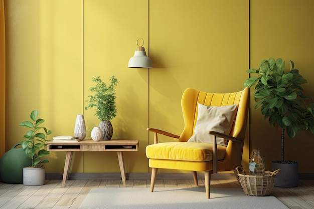 Cozy living room with yellow walls and a matching yellow chair Generative AI