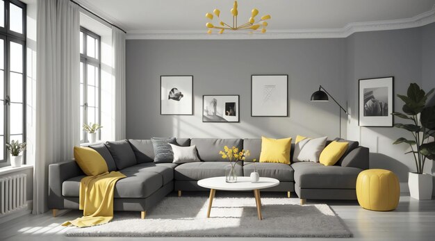 A cozy living space with a sleek grey couch adorned with bright yellow pillows