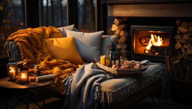 A cozy livingroom in a country house with fireplace surrounded by autumn decorations and warm blanket on a couch