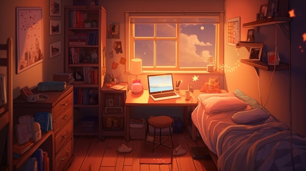 Cozy lofi room workstation wallpaper background illustration design bedroom Generative AI