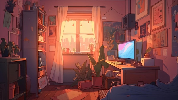 Cozy lofi room workstation wallpaper background illustration design bedroom Generative AI