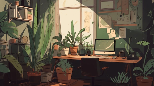 Cozy lofi room workstation wallpaper background illustration design bedroom Generative AI