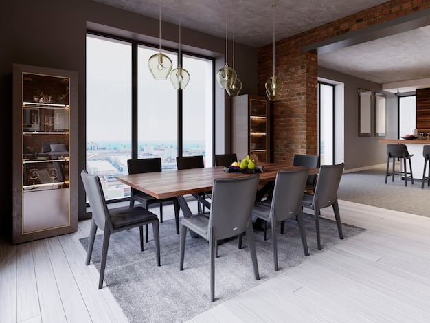 Cozy loft with dining table, chairs and storage racks. 3d\
rendering