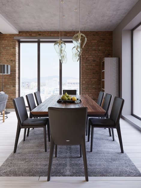 Cozy loft with dining table, chairs and storage racks. 3d rendering