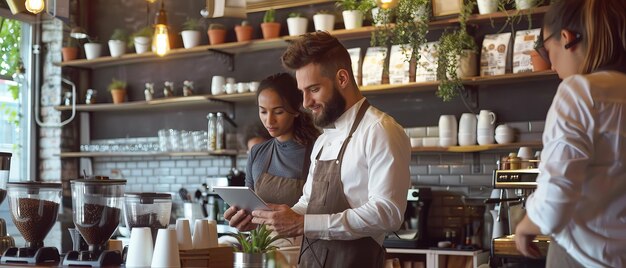 In a cozy loftstyle cafe multicultural coffee shop owners meet behind the counter working on tablets and checking inventory Restaurant managers and baristas can be seen working behind the