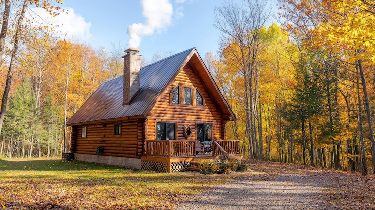 Photo cozy log cabin in autumn woods