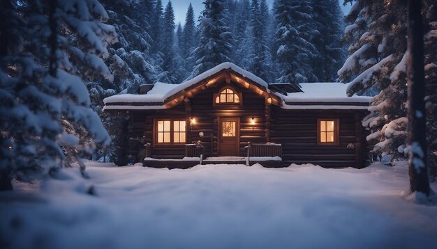 A cozy log cabin nestled in a snowy forest with warm lights glowing from the windows winter