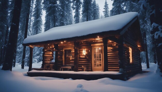 A cozy log cabin nestled in a snowy forest with warm lights glowing from the windows winter