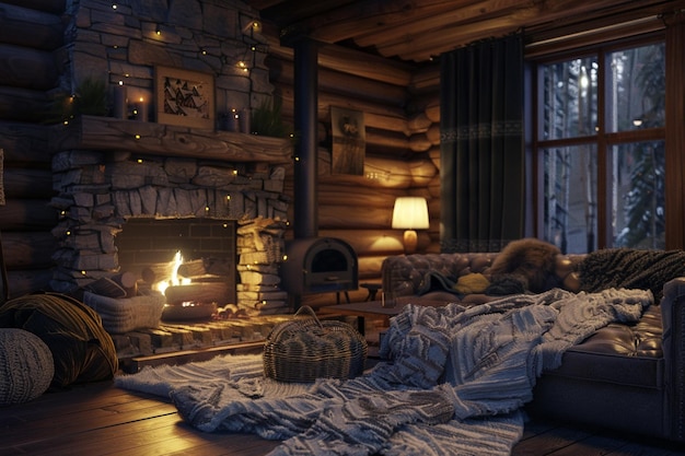Photo a cozy log cabin retreat with a roaring fireplace