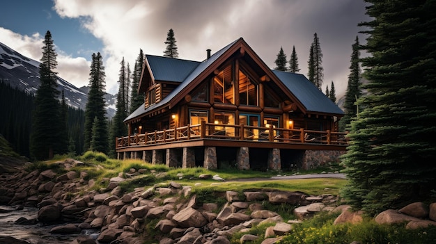 Photo a cozy log cabin stands serenely as a picturesque river flows through its midst