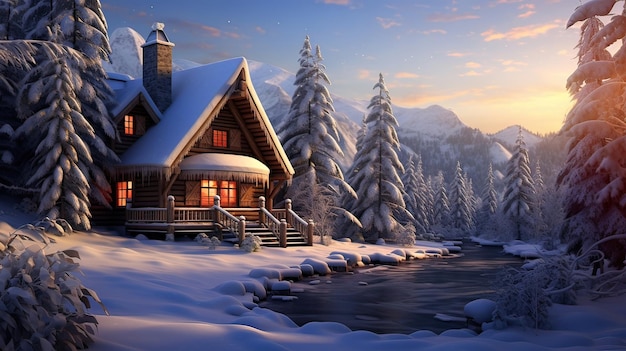 Cozy log cabin surrounded by a snowy wonderland Charming winter's delight peaceful escape snowcovered landscape holiday comfort natural splendor Generated by AI