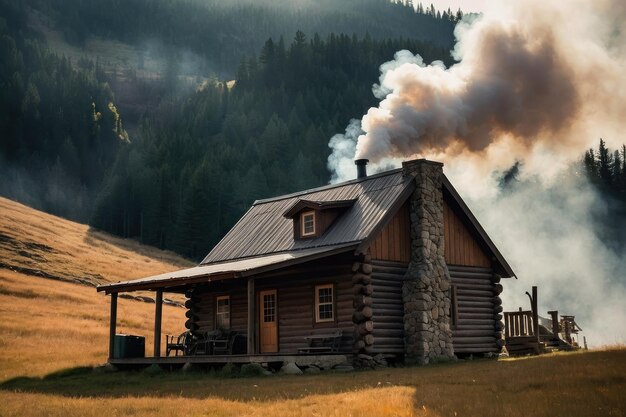 Cozy log cabin with smoke from chimney in forest