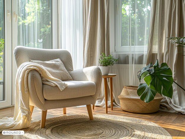 Cozy lounge chair and corner section sofa against window dressed with curtains