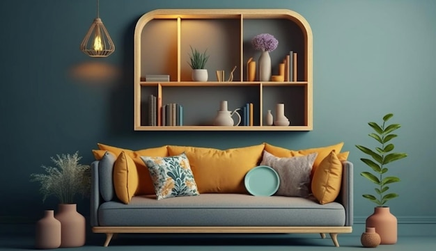 Cozy lounge zone interior couch and shelf with decoration mock up blank frame Generative AI