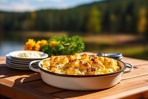 Cozy Lunch in the Garden with Cauliflower Gratin with Crunchy Cheese on the Wooden Table