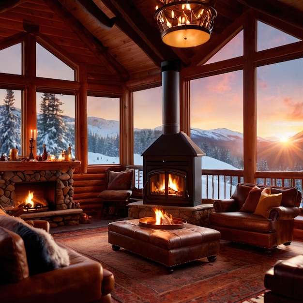 写真 暖かい火と冷たい雪の外にある快適で豪華な冬の小屋