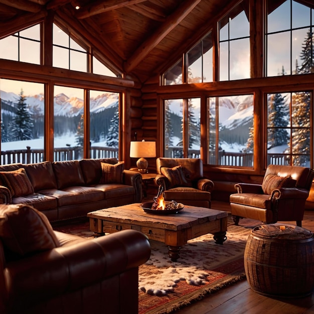 Photo cozy luxurious winter cabin with warm fire and cold snow outside