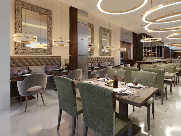 Accoglienti interni di lusso del ristorante, confortevole sala da pranzo moderna, sfondo di design contemporaneo. rendering 3d