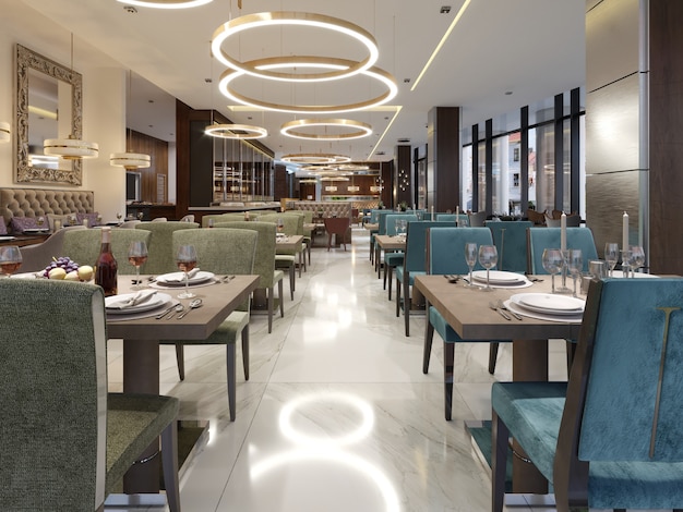 레스토랑의 아늑한 고급스러운 인테리어, 편안하고 현대적인 식사 공간, 현대적인 디자인 배경. 3D 렌더링