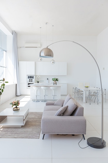 Уютный роскошный современный интерьер однокомнатной квартиры в экстра-белых тонах с модной дорогой мебелью в стиле минимализма.