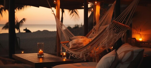 cozy Luxury resort evening beach candles blurred light on table sofa hammock on front sunset sea