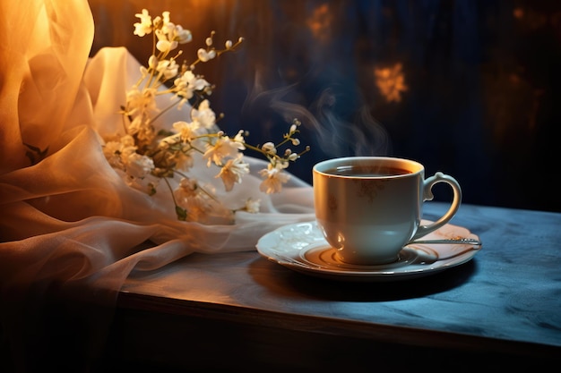 cozy magic photo A cup of coffee by the window and flowers