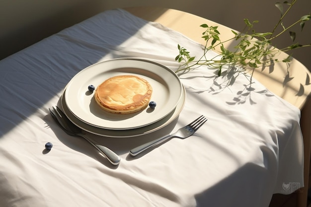 Cozy Mealtime Soft Tablecloth on Dining Table with Pancake Blue Space Generative AI