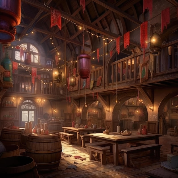 The cozy medieval tavern inspires DD adventures with lanternlit charm Illustration Generative AI