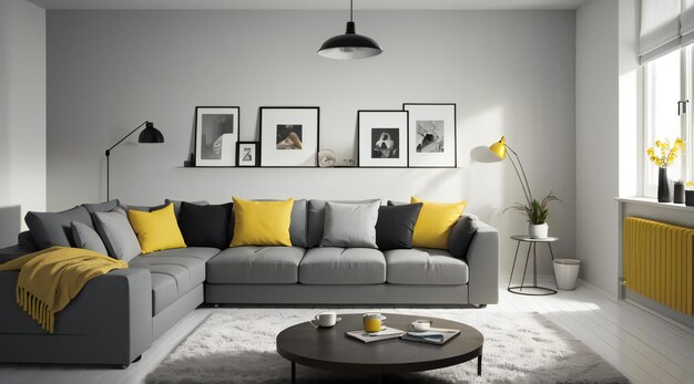 Cozy meets modern in this inviting living room featuring a sleek grey couch