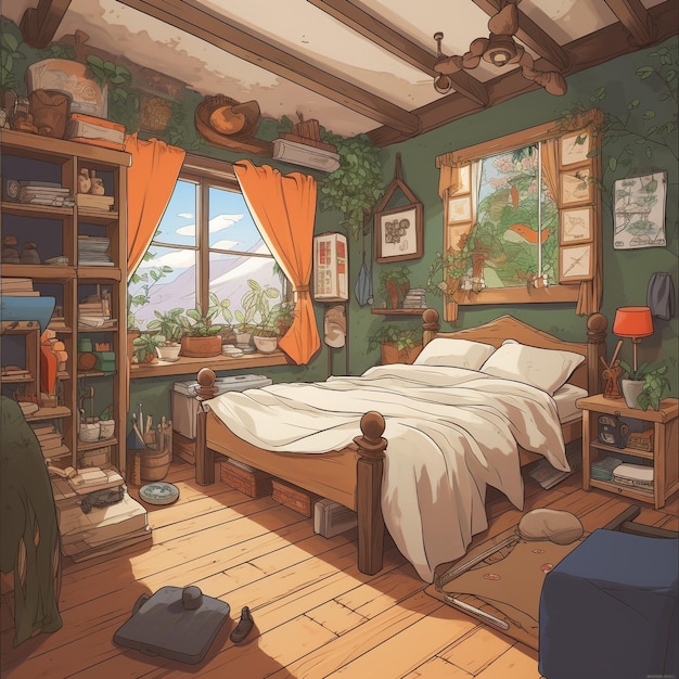 cozy messy bedroom inspired by studio ghiblis visual