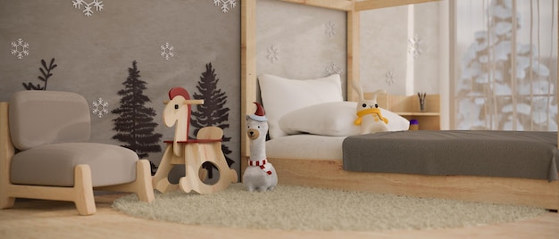 Cozy and minimal kid's bedroom interior design with comfortable bed comfy chair rocking horse