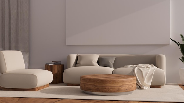 Cozy minimal nordic home or apartment living room interior with comfortable sofa wood coffee table