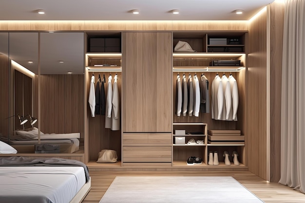 Cozy and minimalist bedroom with a comfortable bed and a spacious closet Generative AI