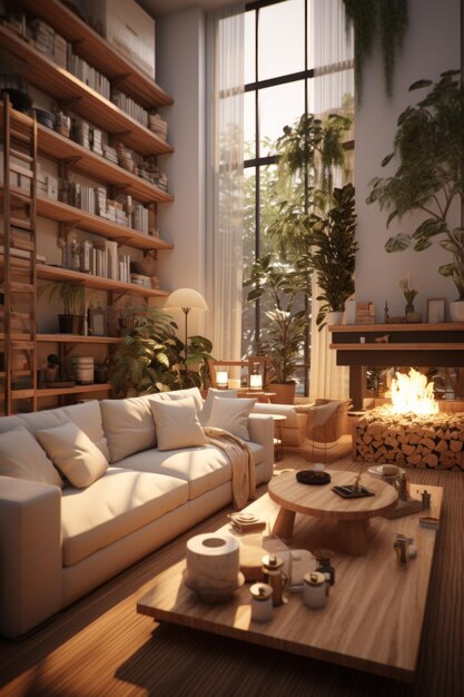 Foto interno accogliente e minimalista del soggiorno con camino e grandi finestre