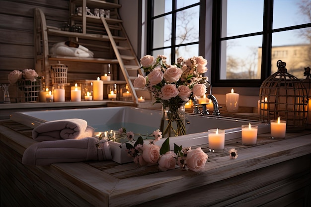 Cozy and modern Bathroom with candle bathtub and sink beautifully decorated bathroom Generate Ai